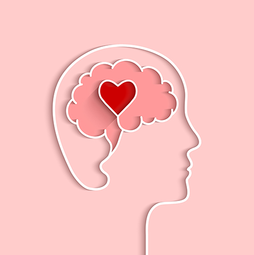 Head and brain outline with heart concept winner, hand holding a trophy on a pink background with confetti flying around